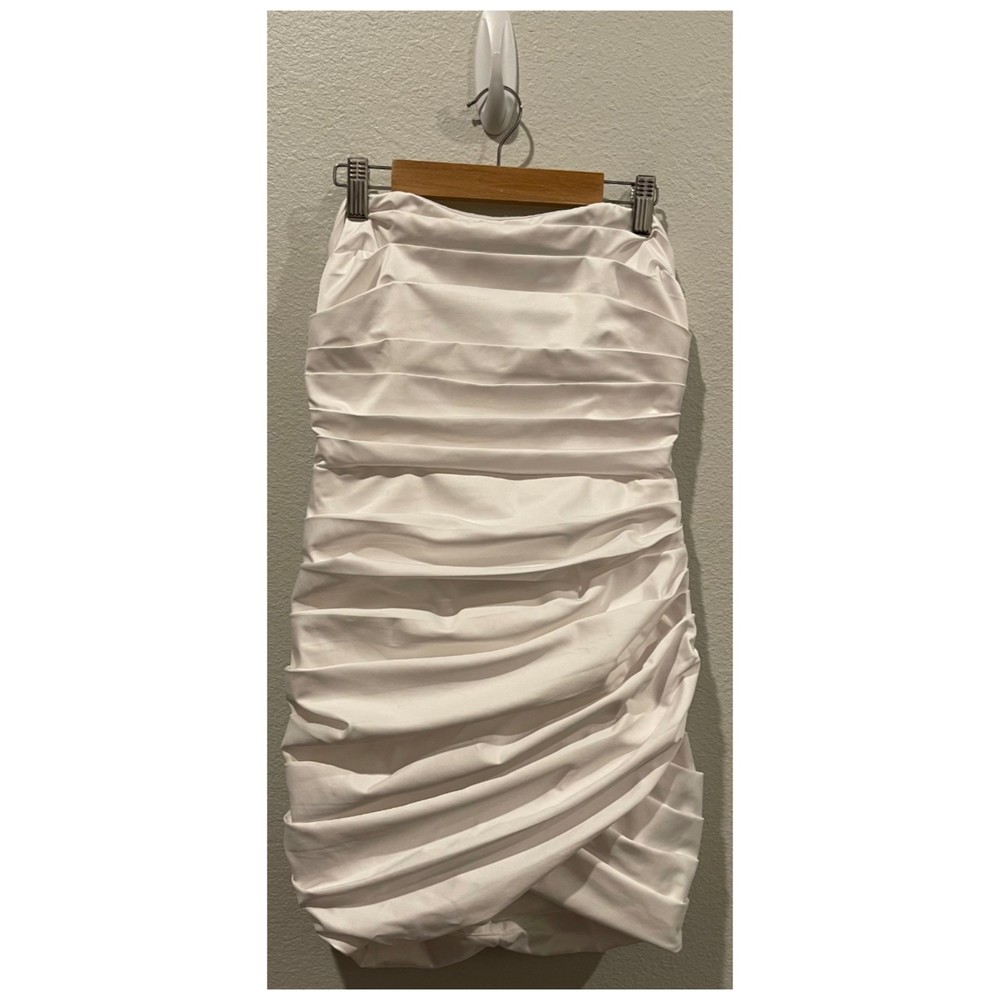 DO + BE Pleated Tube Strapless Antique White Mini Dress - Picture 2 of 5